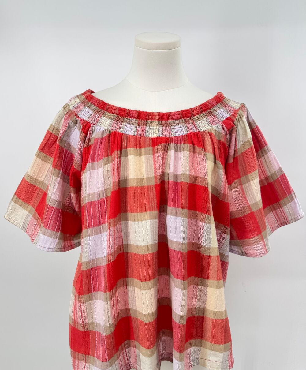 Ace & Jig Red Plaid Top Smocked Check Blouse Cotton Boho Off the Shoulder S